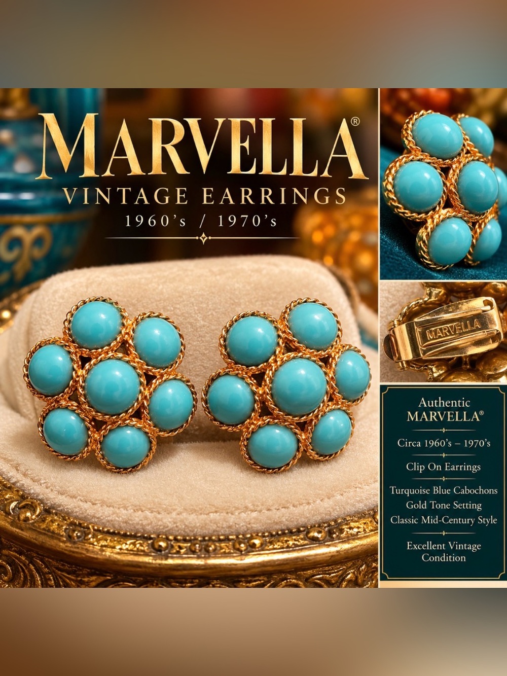 MARVELLA Turquoise Blue Cluster Clip-On Earrings in Gold Tone